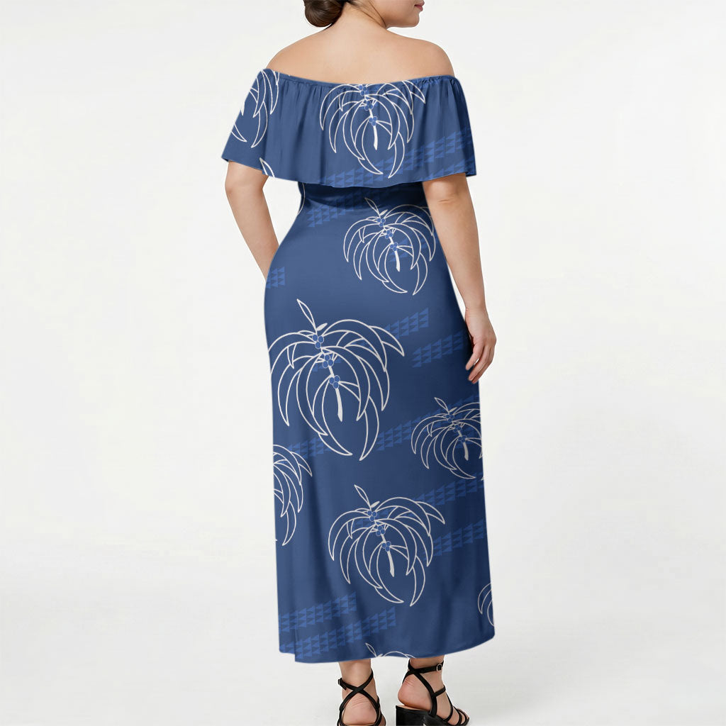 Aloha Hawaii Acacia Koa Leaves Off Shoulder Maxi Dress Navy Kakau Tribal Pattern LT05 - Polynesian Pride