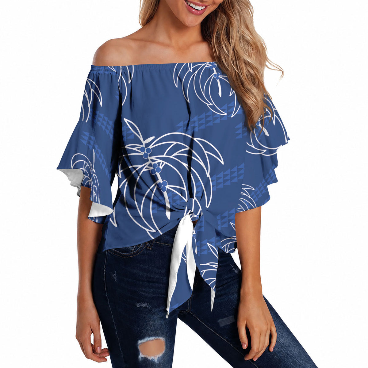 Aloha Hawaii Acacia Koa Leaves Off Shoulder Wrap Waist Top Navy Kakau Tribal Pattern LT05 Navy - Polynesian Pride