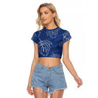 Aloha Hawaii Acacia Koa Leaves Raglan Cropped T Shirt Navy Kakau Tribal Pattern LT05 Female Navy - Polynesian Pride
