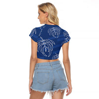 Aloha Hawaii Acacia Koa Leaves Raglan Cropped T Shirt Navy Kakau Tribal Pattern LT05 - Polynesian Pride