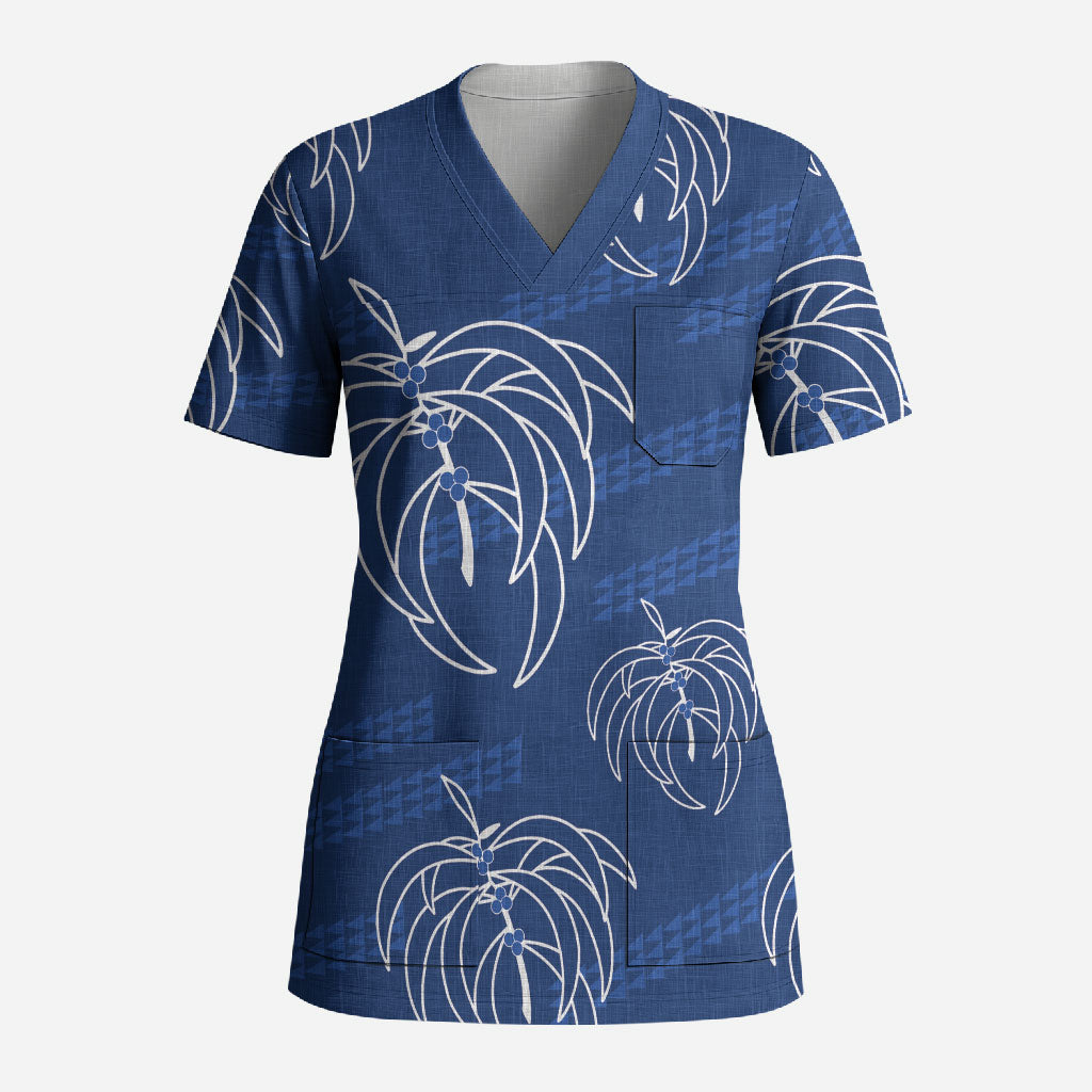 Aloha Hawaii Acacia Koa Leaves Scrub Top Navy Kakau Tribal Pattern LT05 Adult Navy - Polynesian Pride