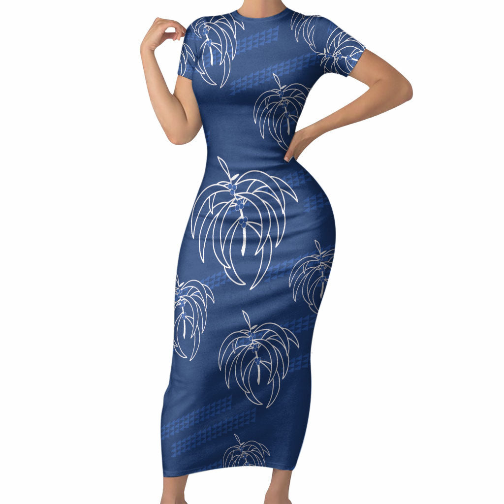 Aloha Hawaii Acacia Koa Leaves Short Sleeve Bodycon Dress Navy Kakau Tribal Pattern