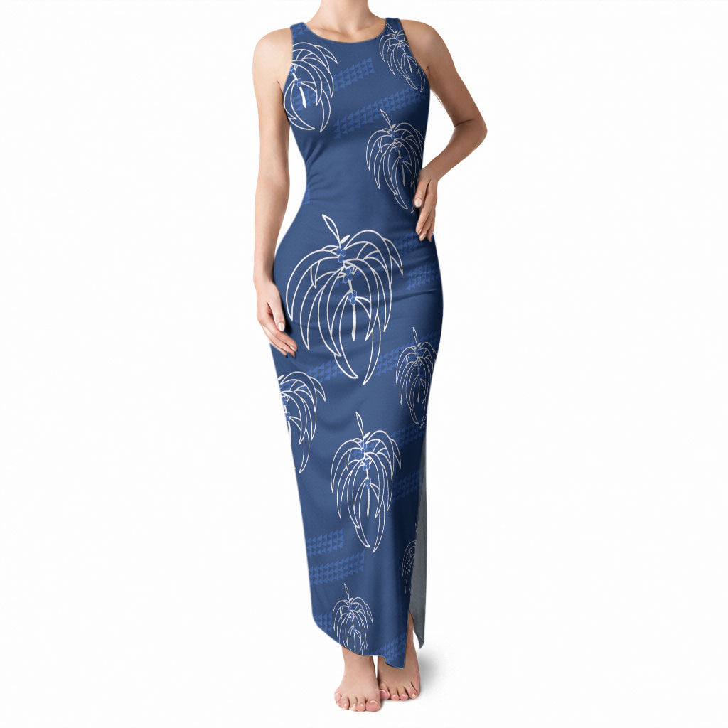 Aloha Hawaii Acacia Koa Leaves Tank Maxi Dress Navy Kakau Tribal Pattern