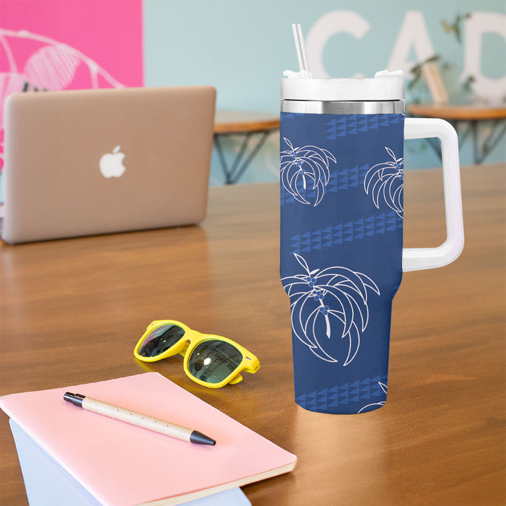 Aloha Hawaii Acacia Koa Leaves Tumbler With Handle Navy Kakau Tribal Pattern LT05 - Polynesian Pride