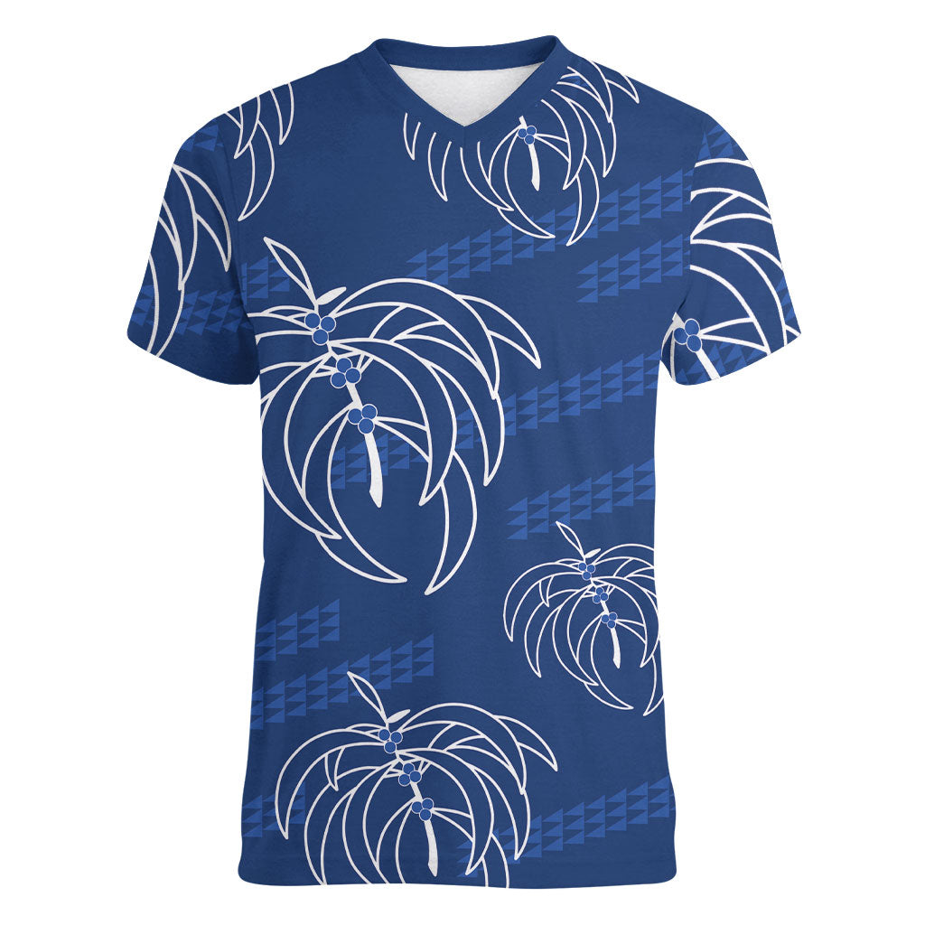 Aloha Hawaii Acacia Koa Leaves Women V-Neck T-Shirt Navy Kakau Tribal Pattern LT05 Female Navy - Polynesian Pride