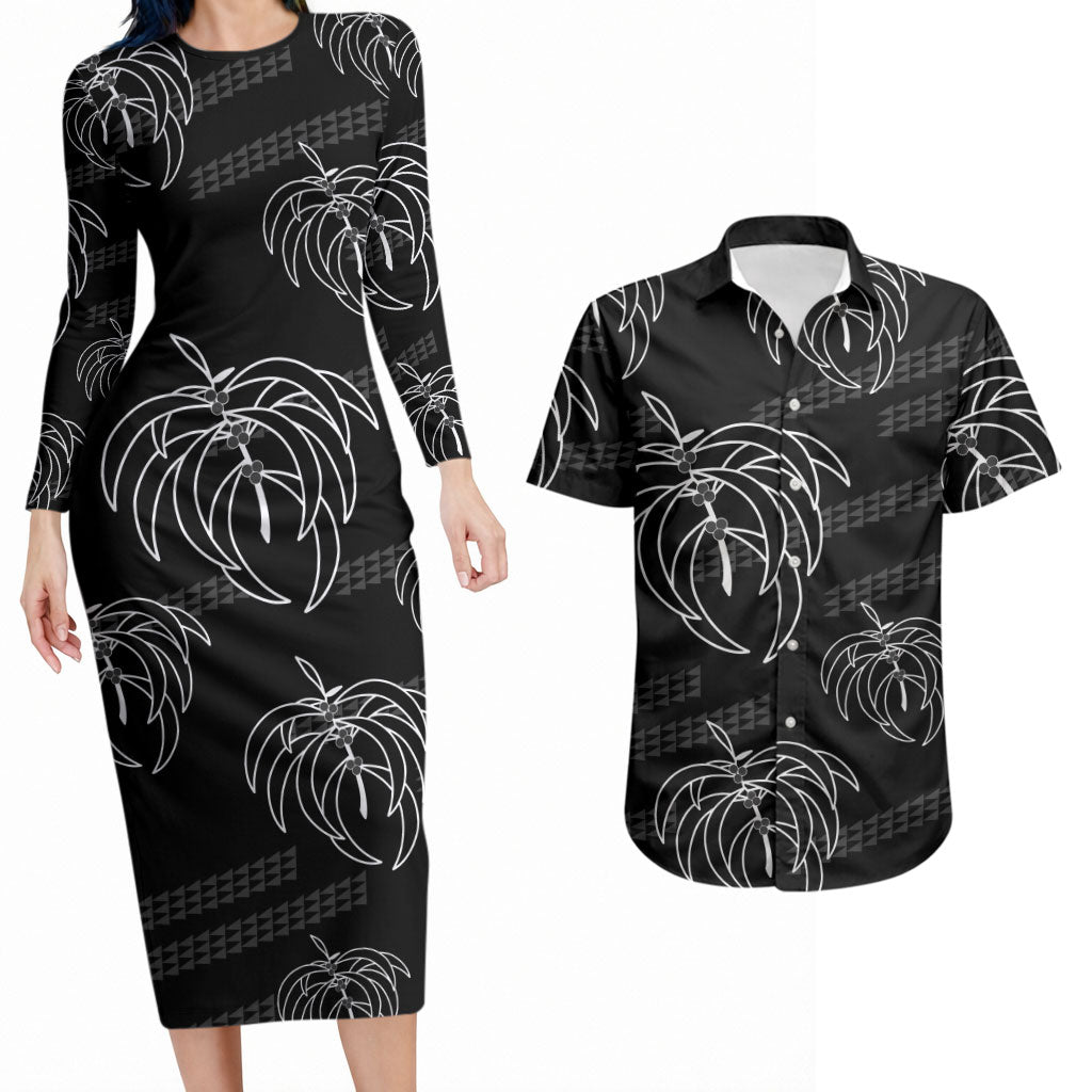 Aloha Hawaii Acacia Koa Leaves Couples Matching Long Sleeve Bodycon Dress and Hawaiian Shirt Black Kakau Tribal Pattern LT05 Black - Polynesian Pride