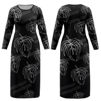 Aloha Hawaii Acacia Koa Leaves Couples Matching Long Sleeve Bodycon Dress and Hawaiian Shirt Black Kakau Tribal Pattern LT05 - Polynesian Pride