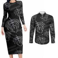 Aloha Hawaii Acacia Koa Leaves Couples Matching Long Sleeve Bodycon Dress and Long Sleeve Button Shirt Black Kakau Tribal Pattern LT05 Black - Polynesian Pride