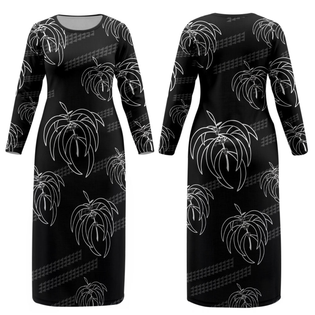 Aloha Hawaii Acacia Koa Leaves Couples Matching Long Sleeve Bodycon Dress and Long Sleeve Button Shirt Black Kakau Tribal Pattern LT05 - Polynesian Pride