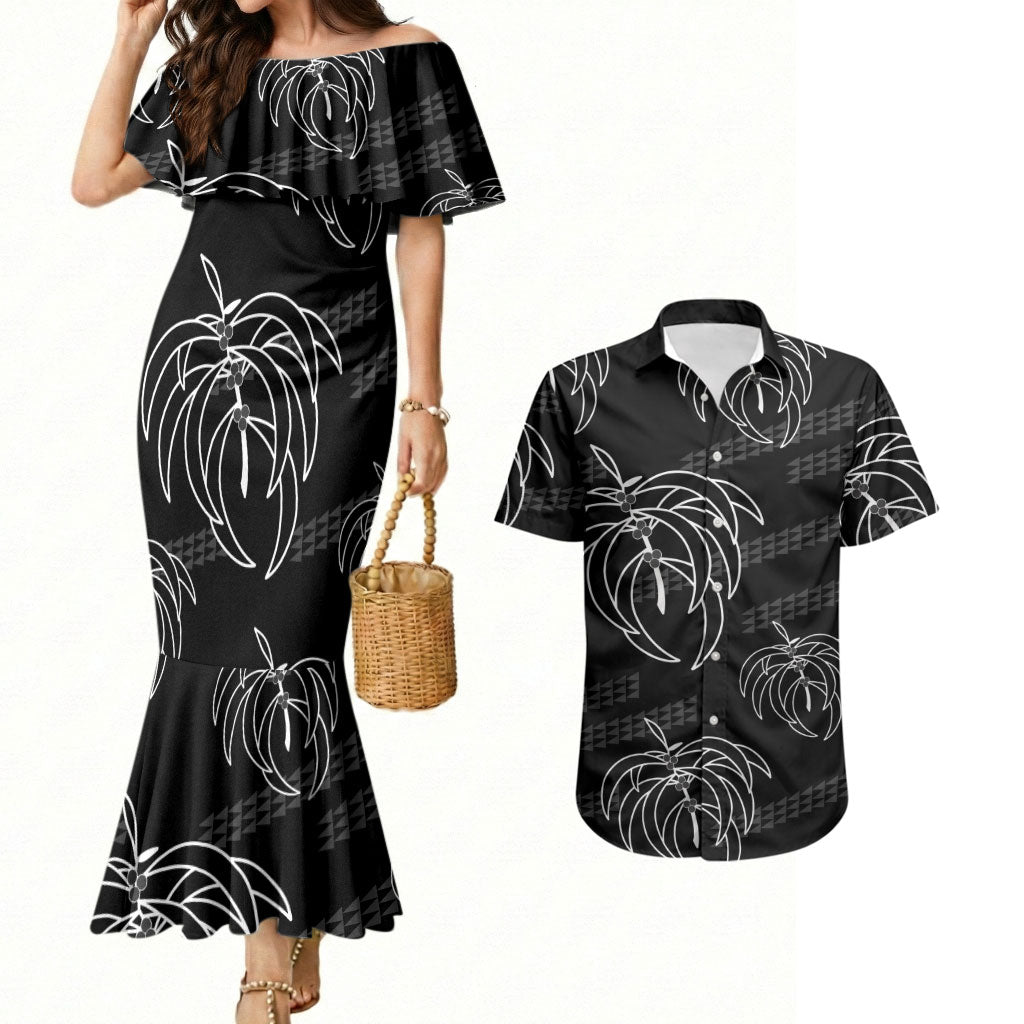 Aloha Hawaii Acacia Koa Leaves Couples Matching Mermaid Dress and Hawaiian Shirt Black Kakau Tribal Pattern LT05 Black - Polynesian Pride