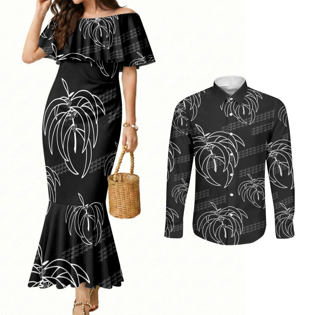 Aloha Hawaii Acacia Koa Leaves Couples Matching Mermaid Dress and Long Sleeve Button Shirt Black Kakau Tribal Pattern LT05 Black - Polynesian Pride