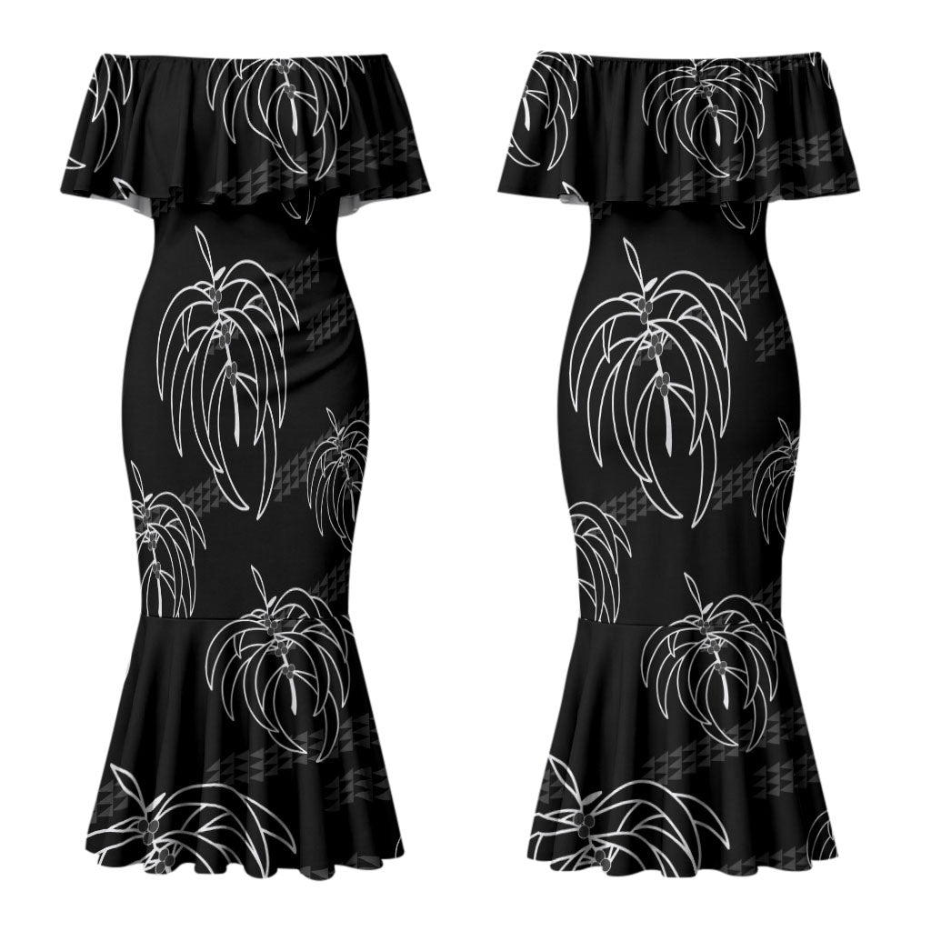 Aloha Hawaii Acacia Koa Leaves Couples Matching Mermaid Dress and Long Sleeve Button Shirt Black Kakau Tribal Pattern LT05 - Polynesian Pride