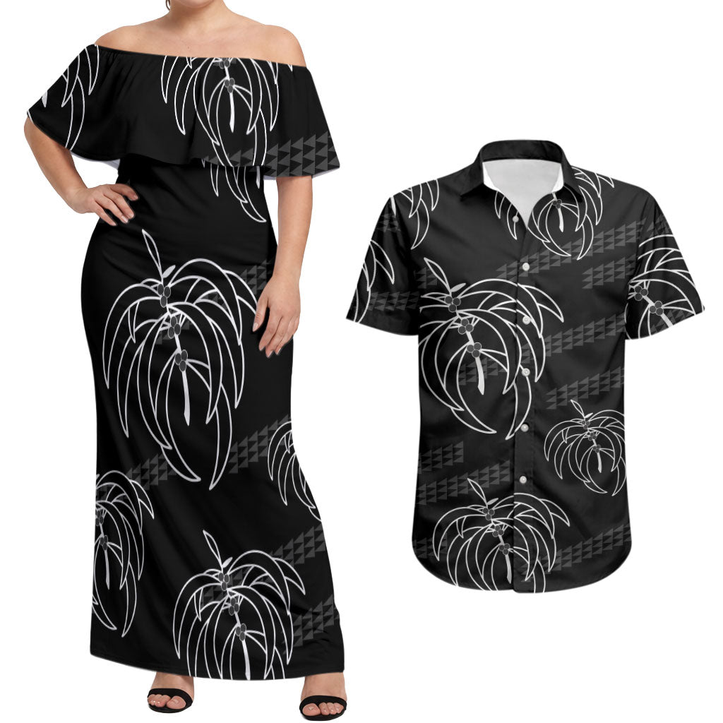 Aloha Hawaii Acacia Koa Leaves Couples Matching Off Shoulder Maxi Dress and Hawaiian Shirt Black Kakau Tribal Pattern LT05 Black - Polynesian Pride