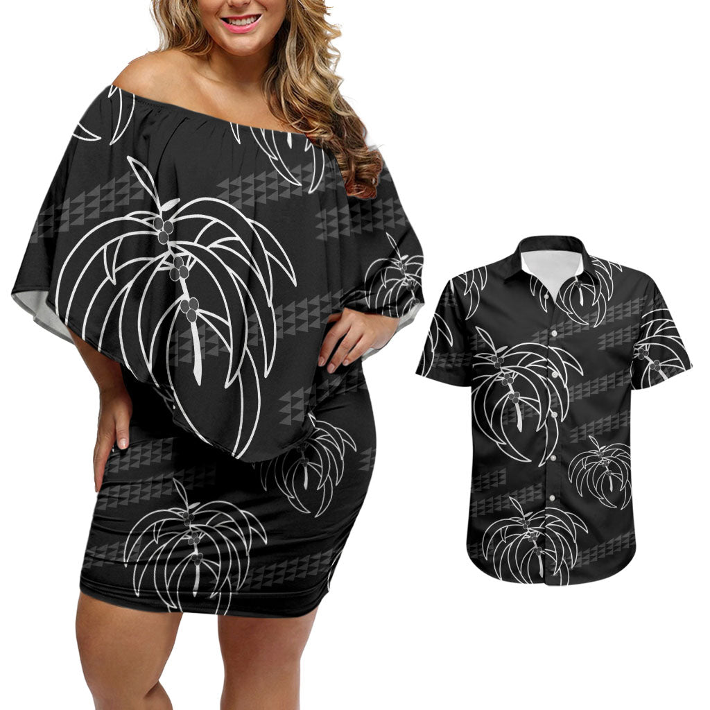 Aloha Hawaii Acacia Koa Leaves Couples Matching Off Shoulder Short Dress and Hawaiian Shirt Black Kakau Tribal Pattern LT05 Black - Polynesian Pride