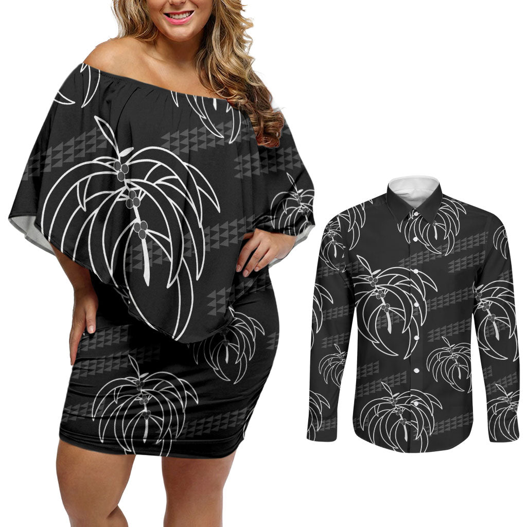 Aloha Hawaii Acacia Koa Leaves Couples Matching Off Shoulder Short Dress and Long Sleeve Button Shirt Black Kakau Tribal Pattern LT05 Black - Polynesian Pride
