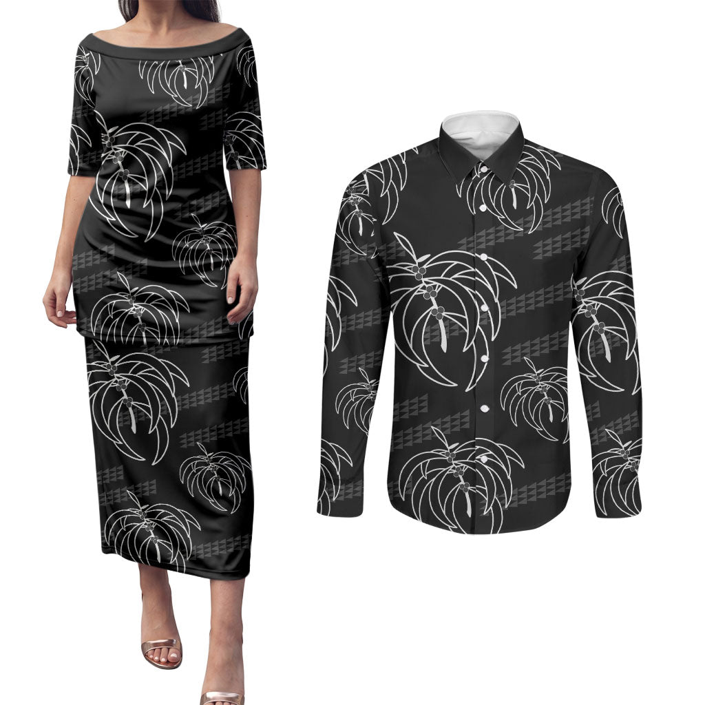 Aloha Hawaii Acacia Koa Leaves Couples Matching Puletasi and Long Sleeve Button Shirt Black Kakau Tribal Pattern LT05 Black - Polynesian Pride