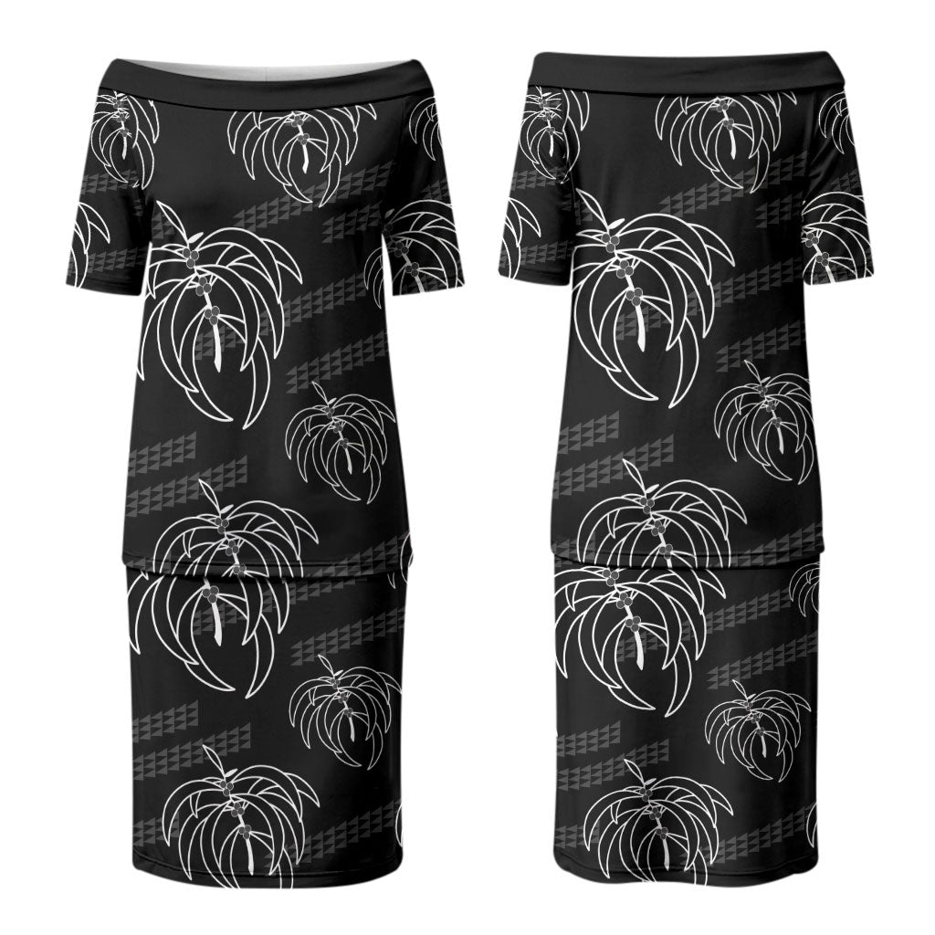Aloha Hawaii Acacia Koa Leaves Couples Matching Puletasi and Long Sleeve Button Shirt Black Kakau Tribal Pattern LT05 - Polynesian Pride