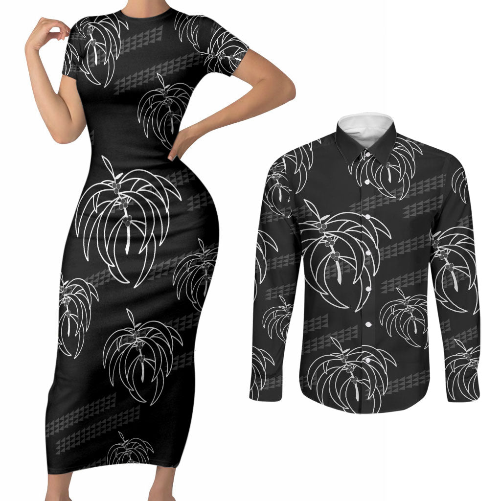 Aloha Hawaii Acacia Koa Leaves Couples Matching Short Sleeve Bodycon Dress and Long Sleeve Button Shirt Black Kakau Tribal Pattern LT05 Black - Polynesian Pride