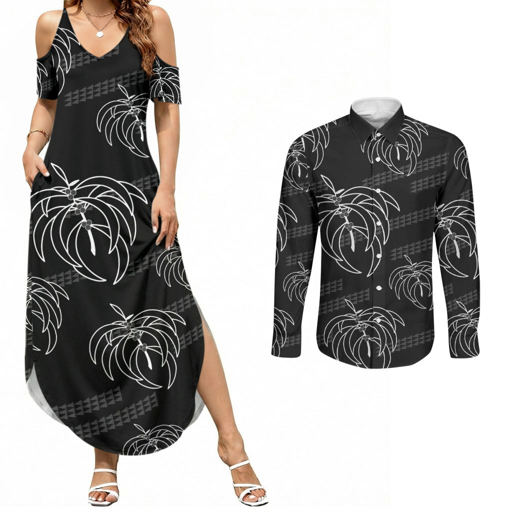 Aloha Hawaii Acacia Koa Leaves Couples Matching Summer Maxi Dress and Long Sleeve Button Shirt Black Kakau Tribal Pattern LT05 Black - Polynesian Pride