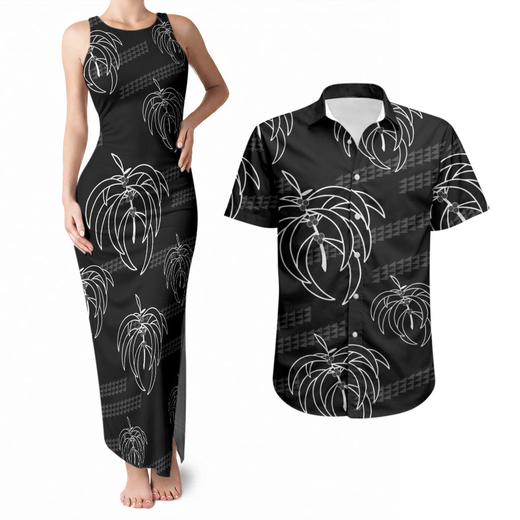 Aloha Hawaii Acacia Koa Leaves Couples Matching Tank Maxi Dress and Hawaiian Shirt Black Kakau Tribal Pattern LT05 Black - Polynesian Pride