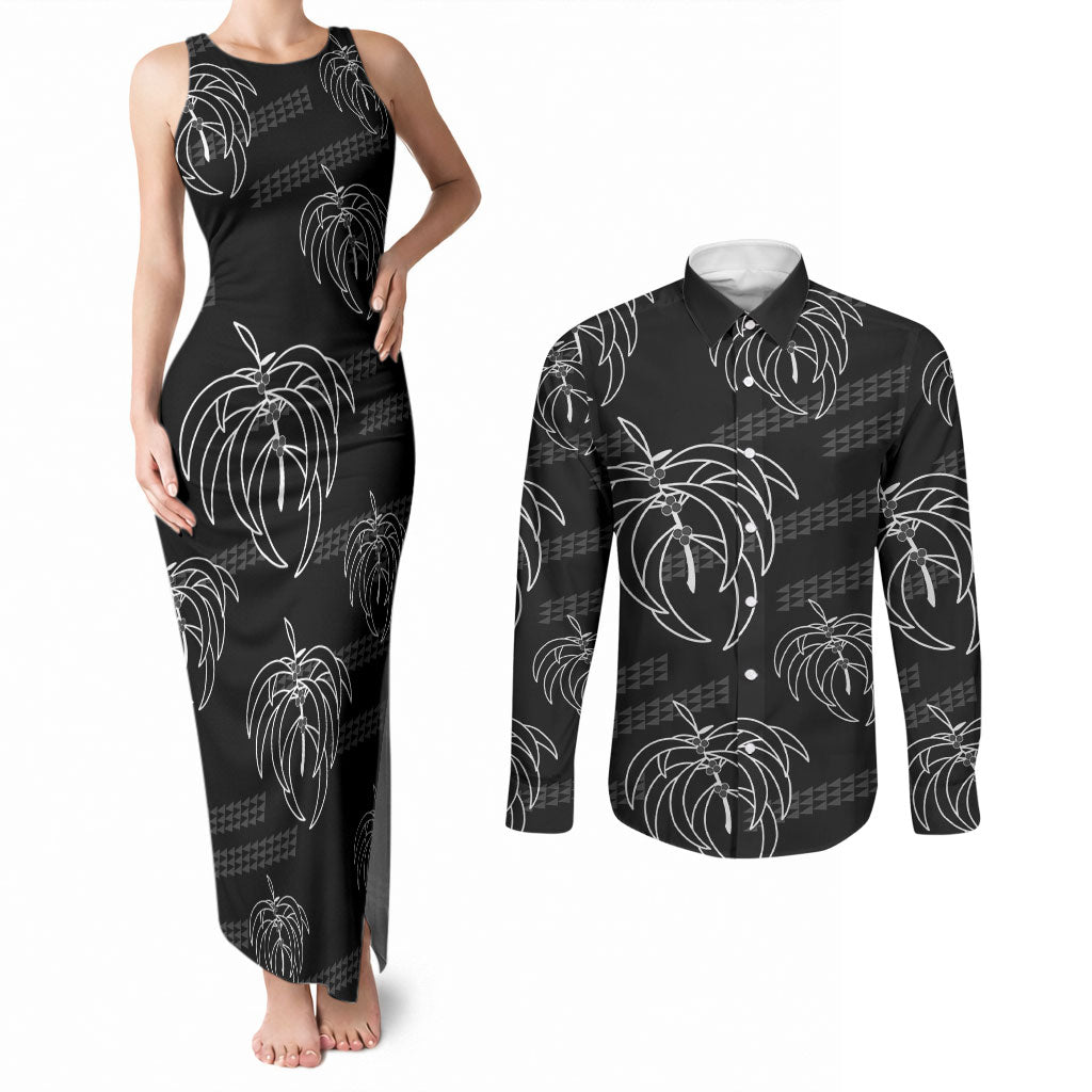 Aloha Hawaii Acacia Koa Leaves Couples Matching Tank Maxi Dress and Long Sleeve Button Shirt Black Kakau Tribal Pattern
