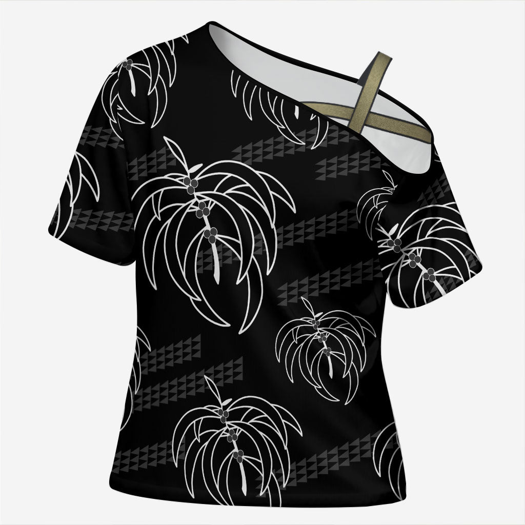 Aloha Hawaii Acacia Koa Leaves Cross Shoulder Shirt Black Kakau Tribal Pattern LT05 Female Black - Polynesian Pride