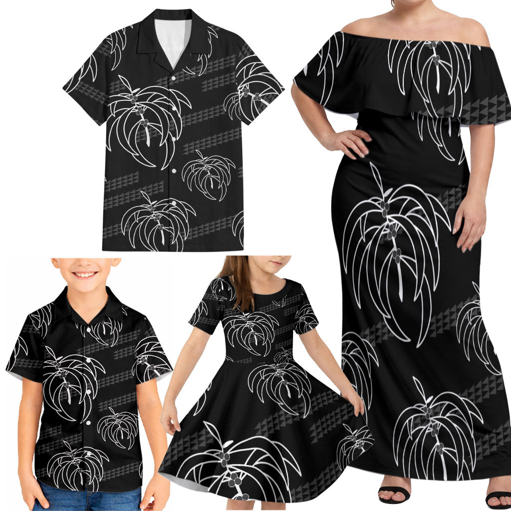 Aloha Hawaii Acacia Koa Leaves Family Matching Off Shoulder Maxi Dress and Hawaiian Shirt Black Kakau Tribal Pattern LT05 - Polynesian Pride