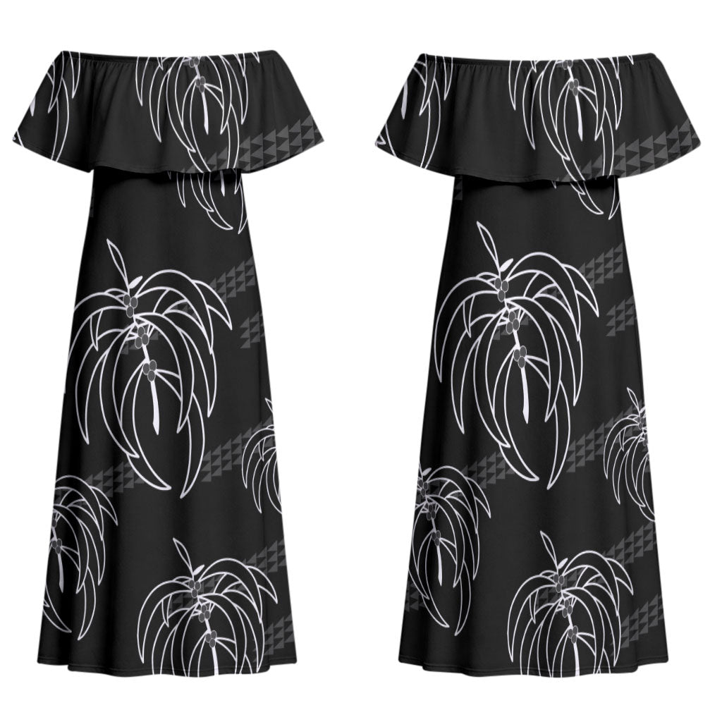 Aloha Hawaii Acacia Koa Leaves Family Matching Off Shoulder Maxi Dress and Hawaiian Shirt Black Kakau Tribal Pattern LT05 Mom's Dress Black - Polynesian Pride