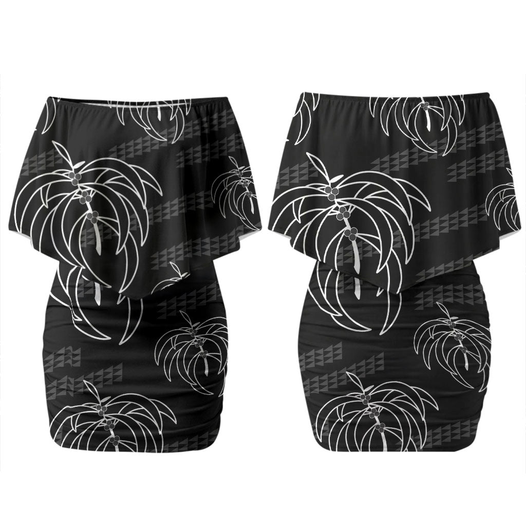 Aloha Hawaii Acacia Koa Leaves Family Matching Off Shoulder Short Dress and Hawaiian Shirt Black Kakau Tribal Pattern LT05 Mom's Dress Black - Polynesian Pride