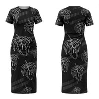 Aloha Hawaii Acacia Koa Leaves Family Matching Short Sleeve Bodycon Dress and Hawaiian Shirt Black Kakau Tribal Pattern LT05 Mom's Dress Black - Polynesian Pride