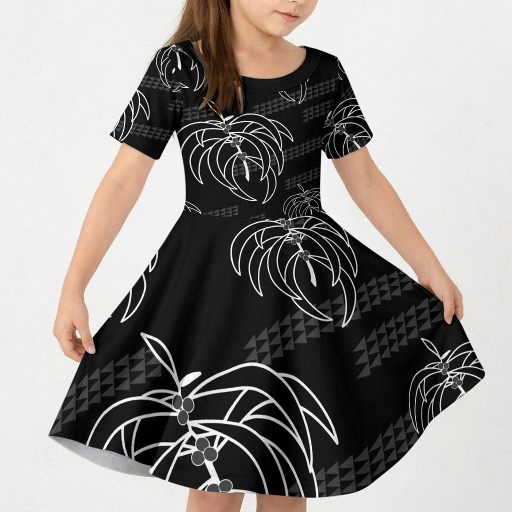 Aloha Hawaii Acacia Koa Leaves Kid Short Sleeve Dress Black Kakau Tribal Pattern