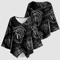Aloha Hawaii Acacia Koa Leaves Kimono Sleeve Blouse Black Kakau Tribal Pattern LT05 - Polynesian Pride