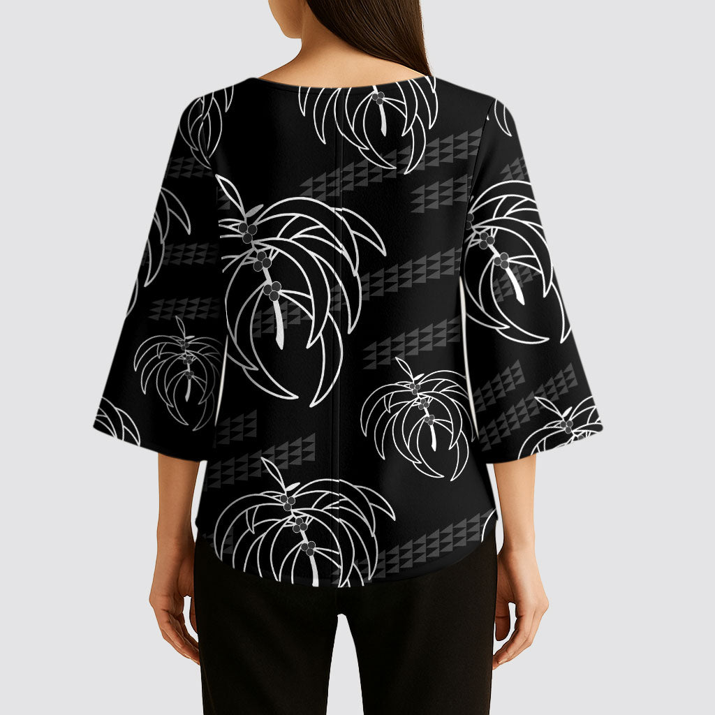 Aloha Hawaii Acacia Koa Leaves Kimono Sleeve Blouse Black Kakau Tribal Pattern LT05 - Polynesian Pride