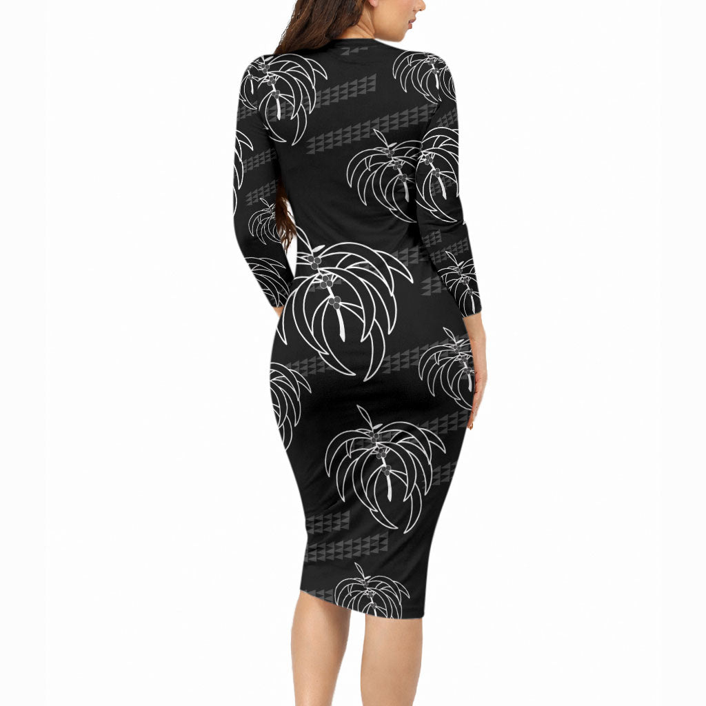 Aloha Hawaii Acacia Koa Leaves Long Sleeve Bodycon Dress Black Kakau Tribal Pattern LT05 - Polynesian Pride