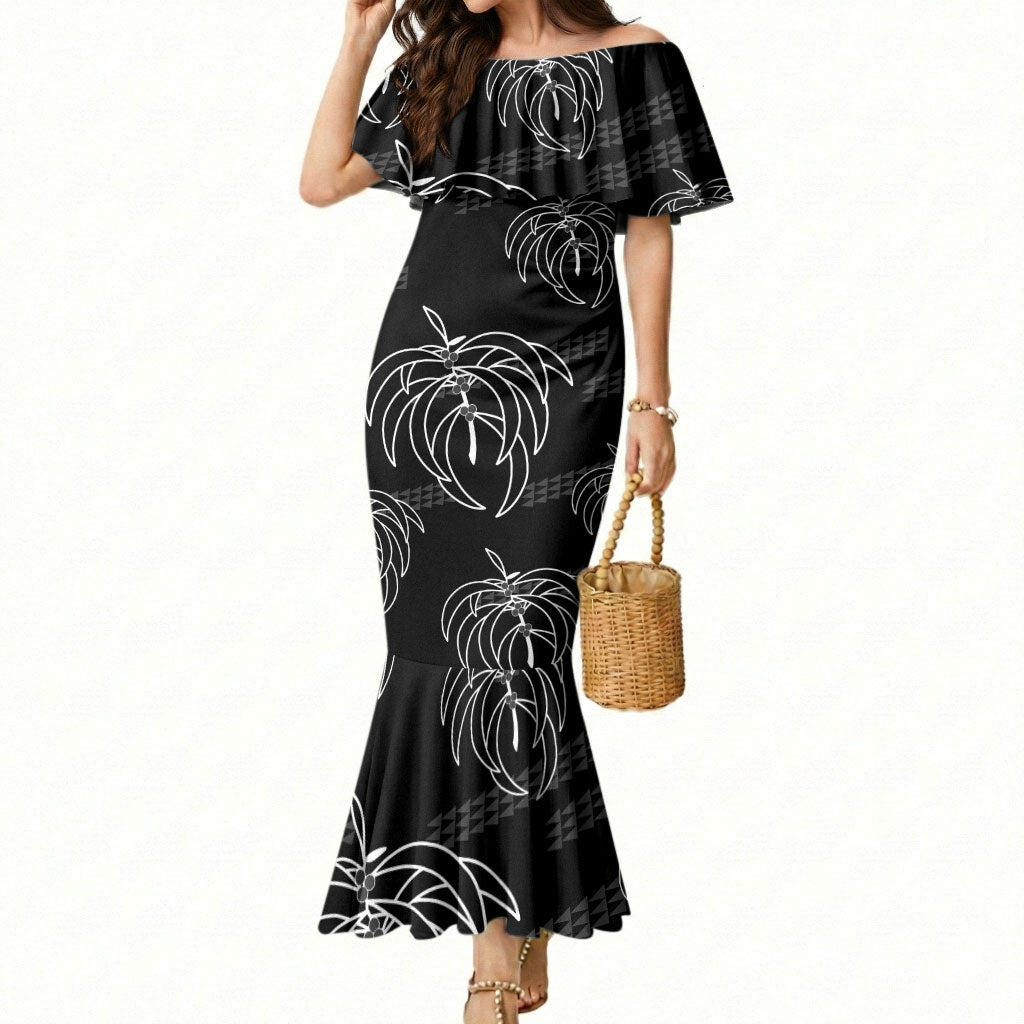 Aloha Hawaii Acacia Koa Leaves Mermaid Dress Black Kakau Tribal Pattern LT05 Women Black - Polynesian Pride