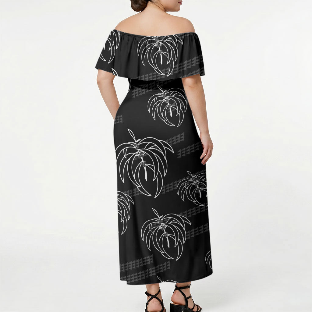 Aloha Hawaii Acacia Koa Leaves Off Shoulder Maxi Dress Black Kakau Tribal Pattern LT05 - Polynesian Pride