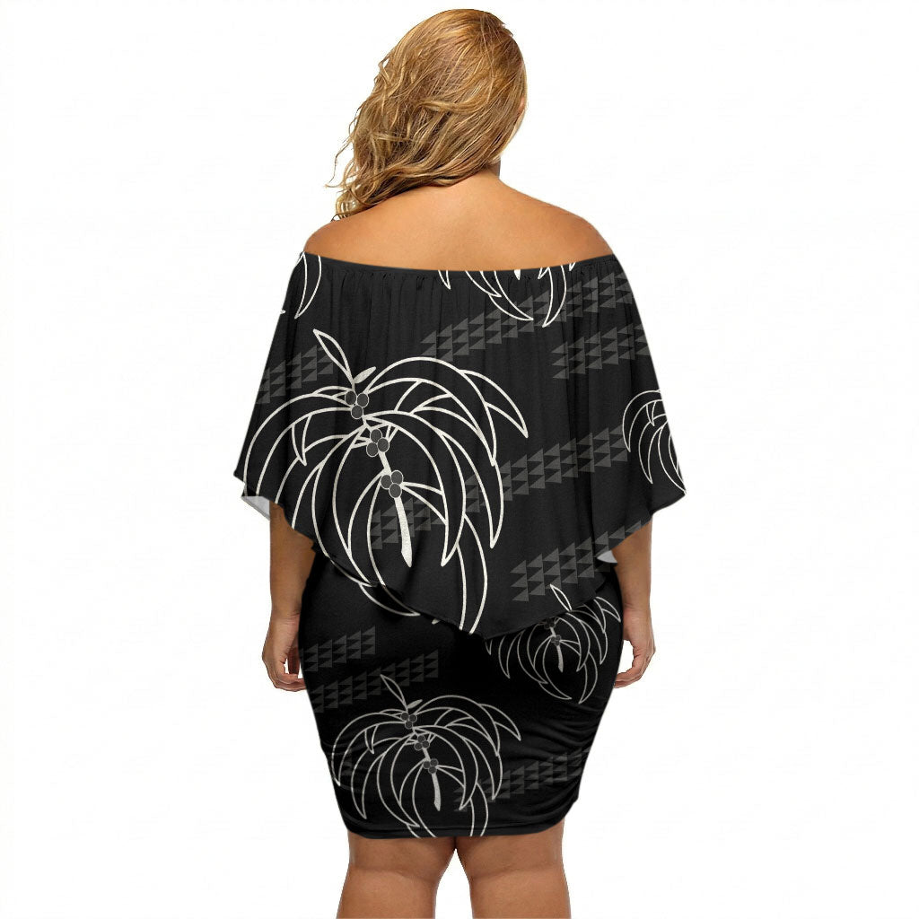 Aloha Hawaii Acacia Koa Leaves Off Shoulder Short Dress Black Kakau Tribal Pattern LT05 - Polynesian Pride