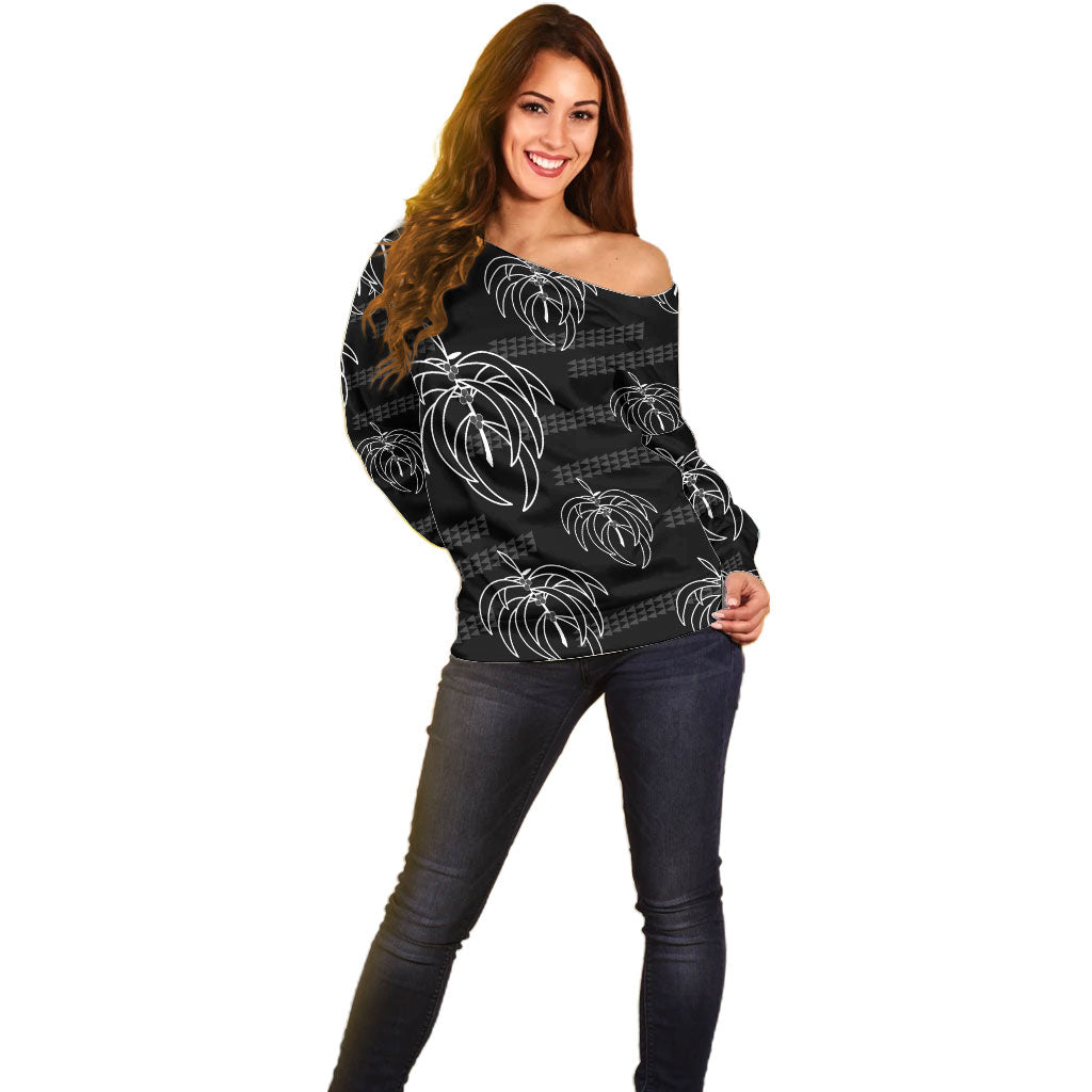 Aloha Hawaii Acacia Koa Leaves Off Shoulder Sweater Black Kakau Tribal Pattern LT05 - Polynesian Pride