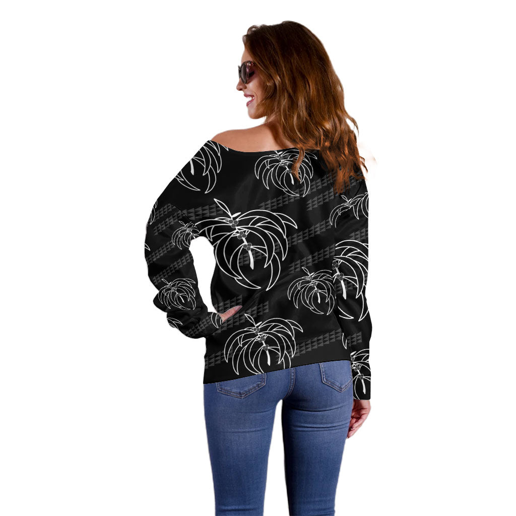 Aloha Hawaii Acacia Koa Leaves Off Shoulder Sweater Black Kakau Tribal Pattern LT05 - Polynesian Pride
