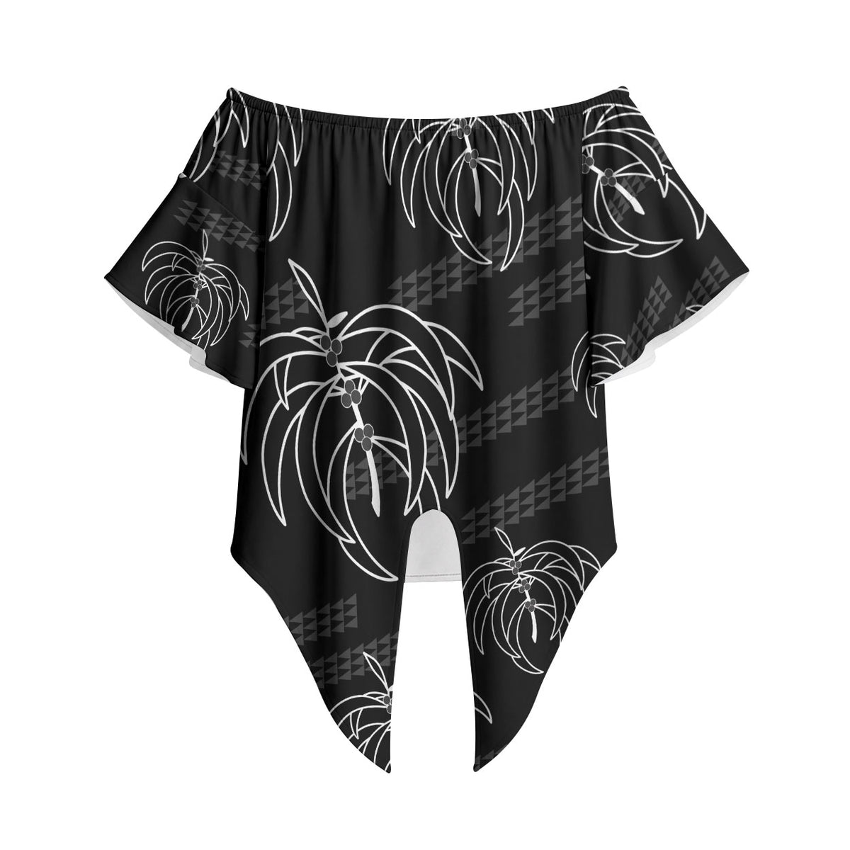 Aloha Hawaii Acacia Koa Leaves Off Shoulder Wrap Waist Top Black Kakau Tribal Pattern LT05 - Polynesian Pride