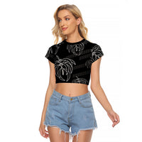 Aloha Hawaii Acacia Koa Leaves Raglan Cropped T Shirt Black Kakau Tribal Pattern LT05 Female Black - Polynesian Pride