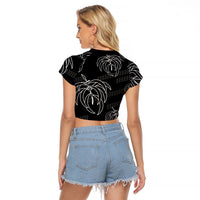Aloha Hawaii Acacia Koa Leaves Raglan Cropped T Shirt Black Kakau Tribal Pattern LT05 - Polynesian Pride