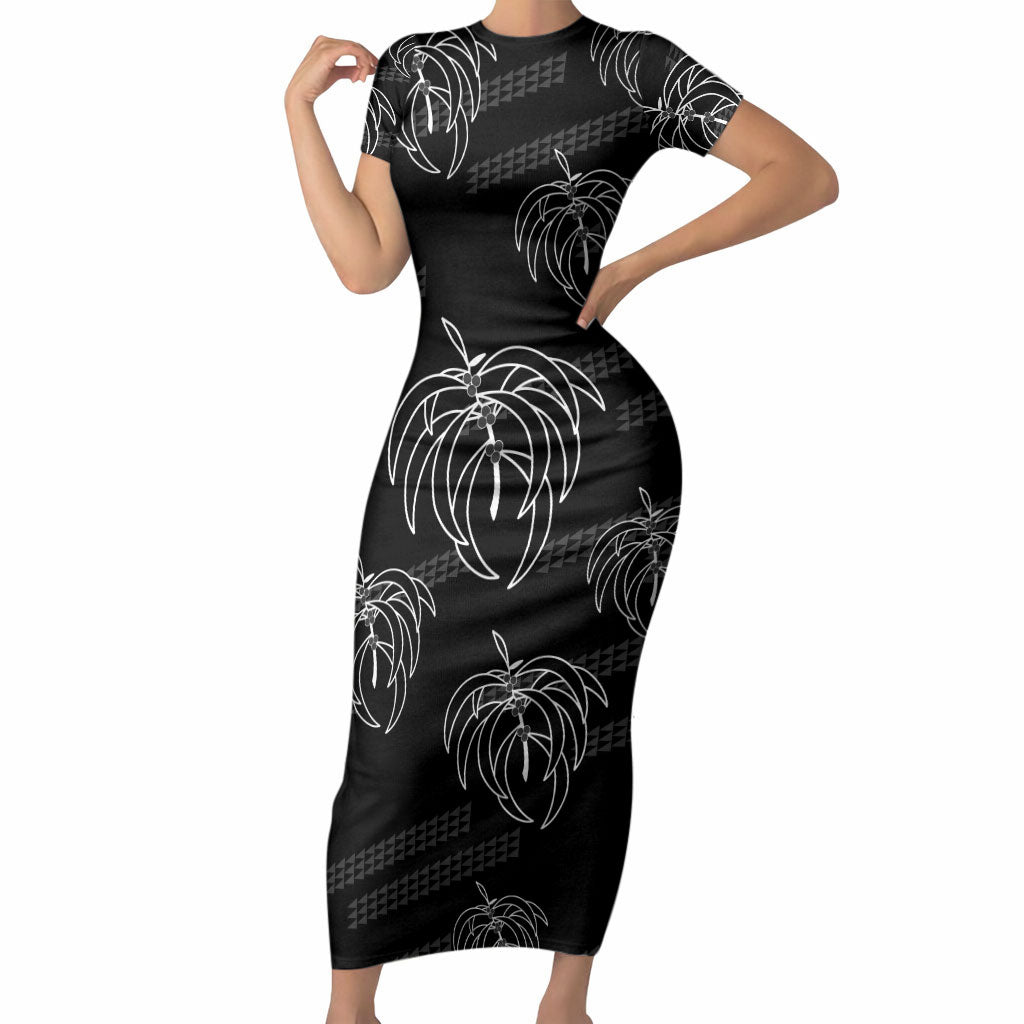Aloha Hawaii Acacia Koa Leaves Short Sleeve Bodycon Dress Black Kakau Tribal Pattern