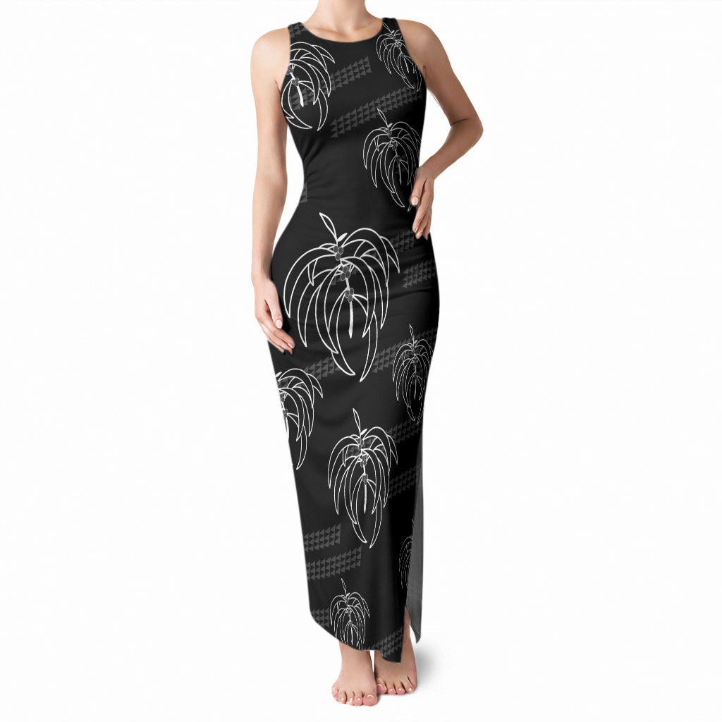 Aloha Hawaii Acacia Koa Leaves Tank Maxi Dress Black Kakau Tribal Pattern