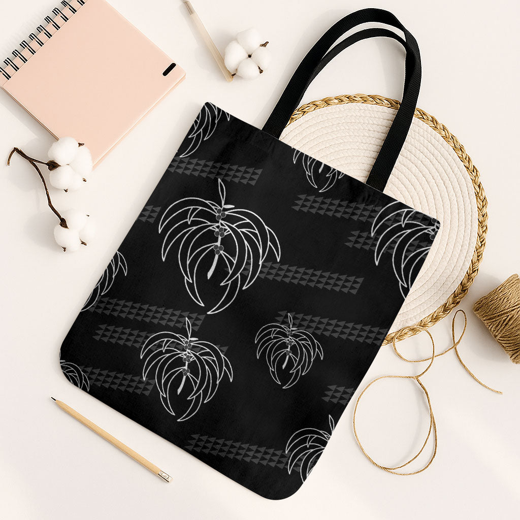 Aloha Hawaii Acacia Koa Leaves Tote Bag Black Kakau Tribal Pattern