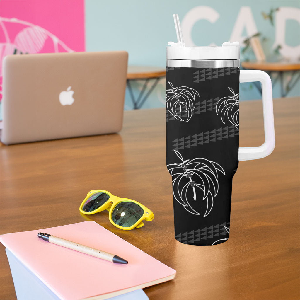 Aloha Hawaii Acacia Koa Leaves Tumbler With Handle Black Kakau Tribal Pattern LT05 - Polynesian Pride
