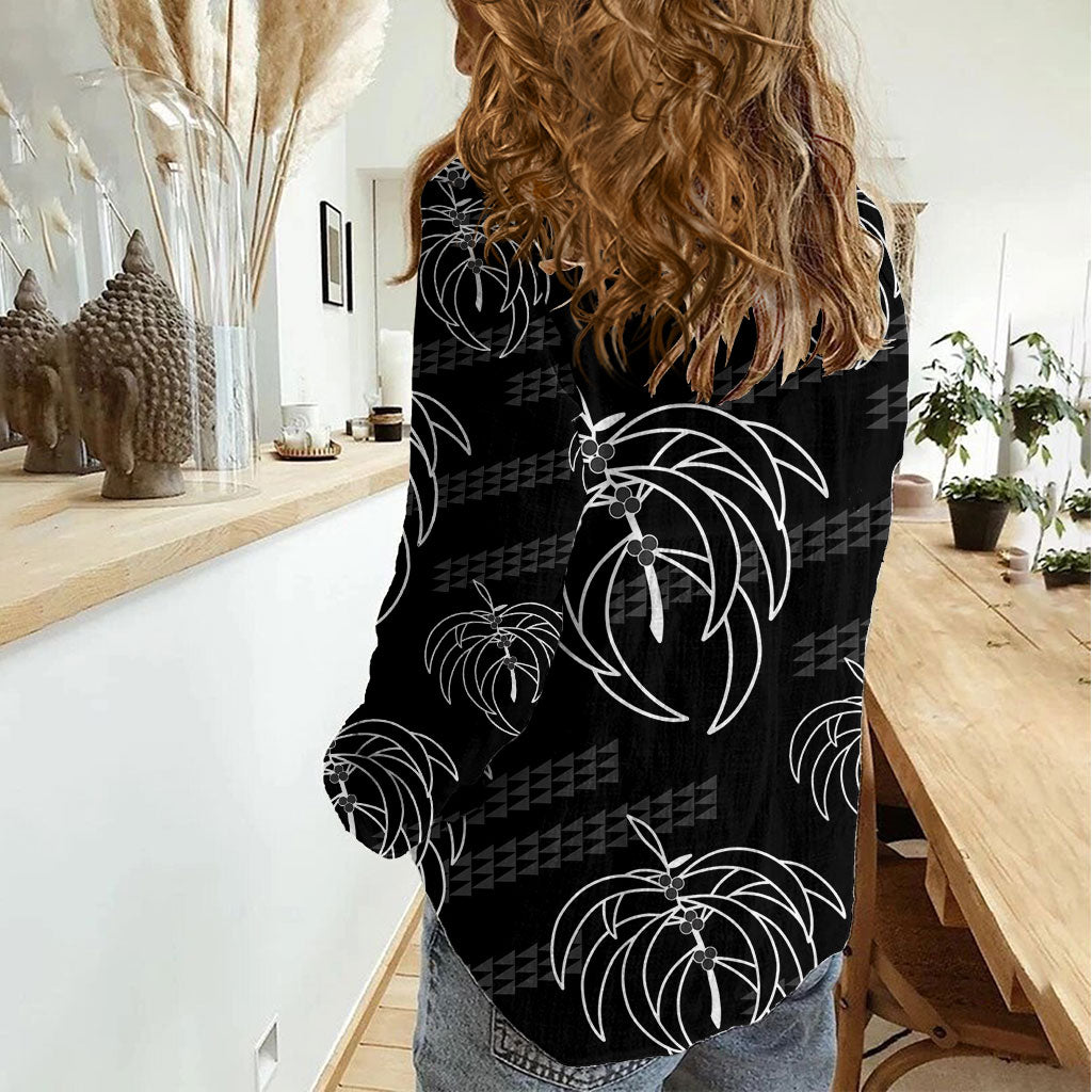 Aloha Hawaii Acacia Koa Leaves Women Casual Shirt Black Kakau Tribal Pattern LT05 - Polynesian Pride