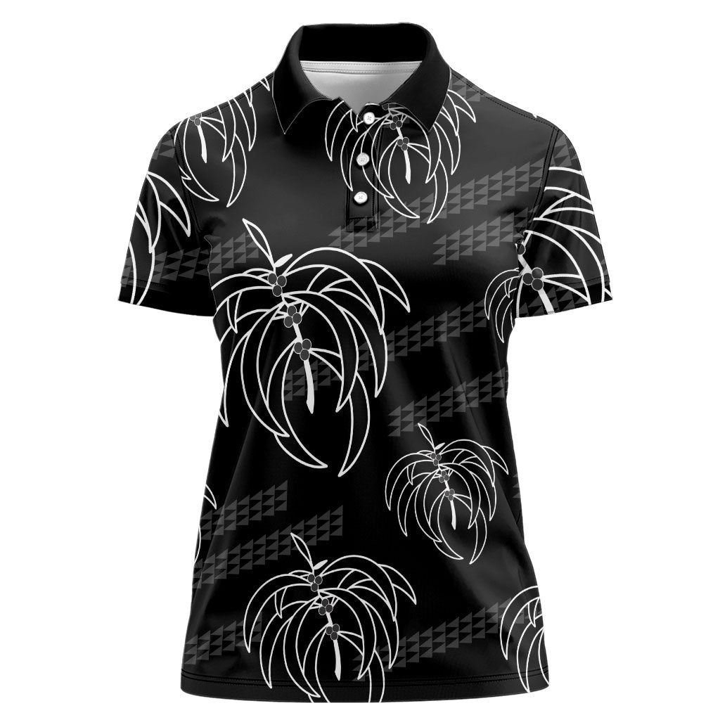 Aloha Hawaii Acacia Koa Leaves Women Polo Shirt Black Kakau Tribal Pattern