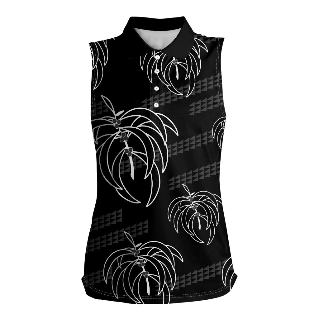 Aloha Hawaii Acacia Koa Leaves Women Sleeveless Polo Shirt Black Kakau Tribal Pattern LT05 Female Black - Polynesian Pride