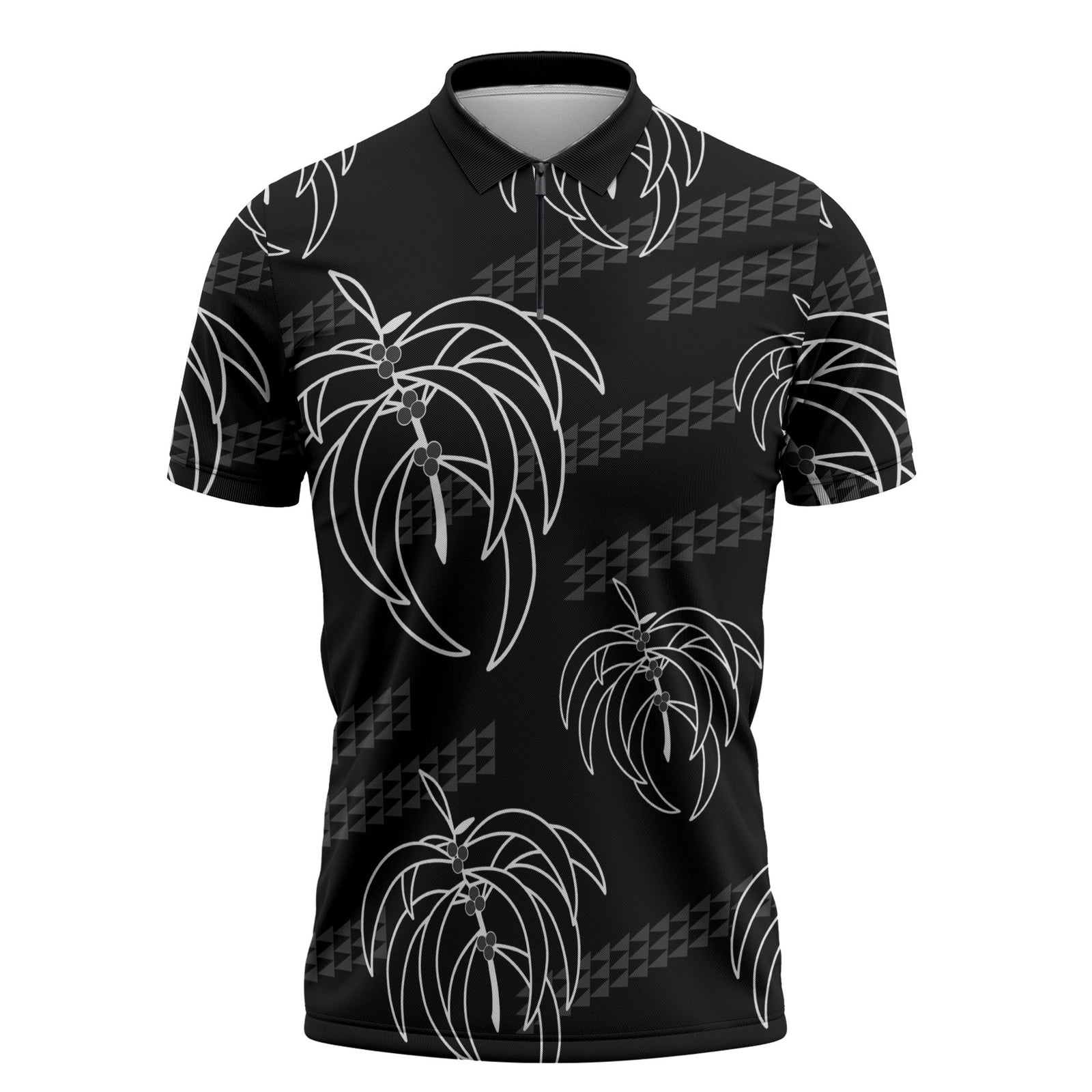Aloha Hawaii Acacia Koa Leaves Zipper Polo Shirt Black Kakau Tribal Pattern